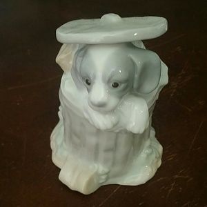 Ceramic Dog in Trash Can Figurine